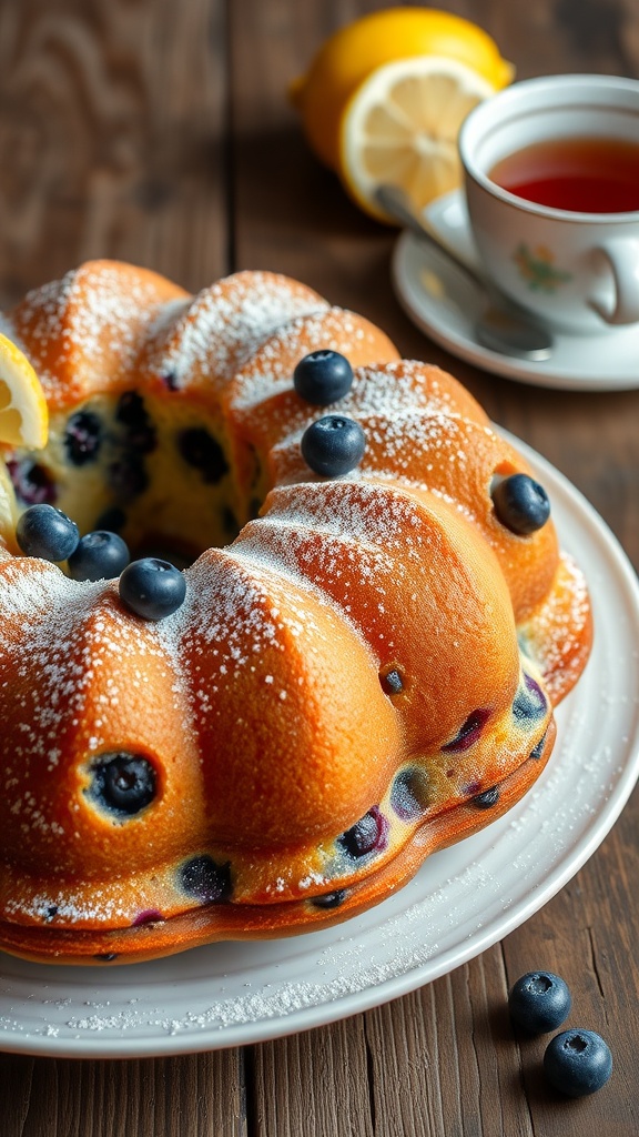 Lemon blueberry bundt cake dusted with powdered sugar, garnished with lemon slice, on a rustic table with a cup of tea.